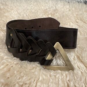 Kim White Brown Leather Belt with triangle Gold Buckle